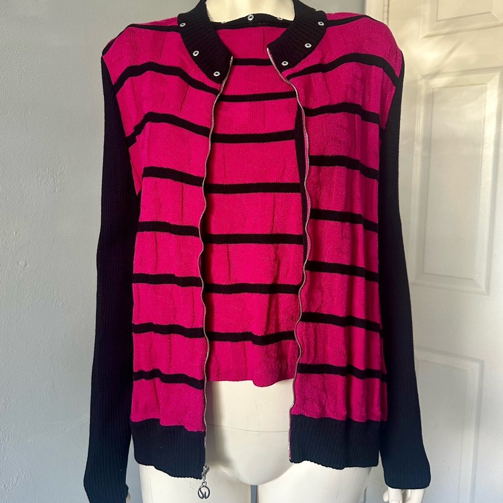 St. John Set 2 piece Pink and Black Striped Women's Sweater and tank